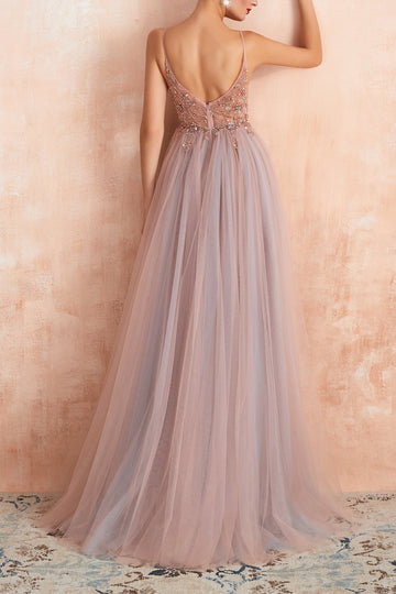 V-neck Grey Pink Tulle Dress